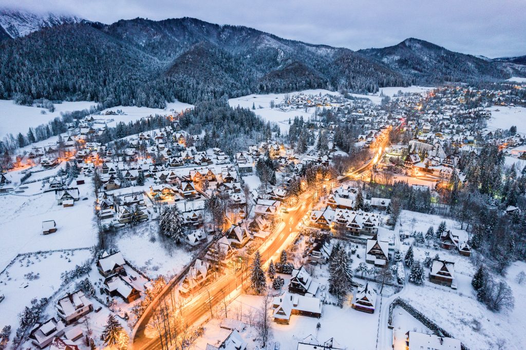 Zakopane in winter, cityscape in snow, aerial drone view.